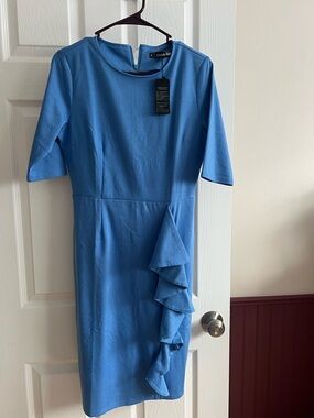 Sky Blue Midi Dress with Side Ruffle